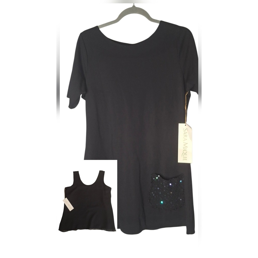 Sara Mique Black 2 Piece Bundle Tunic Sequined Pocket/Chiffon Tank NWT Deadstock
